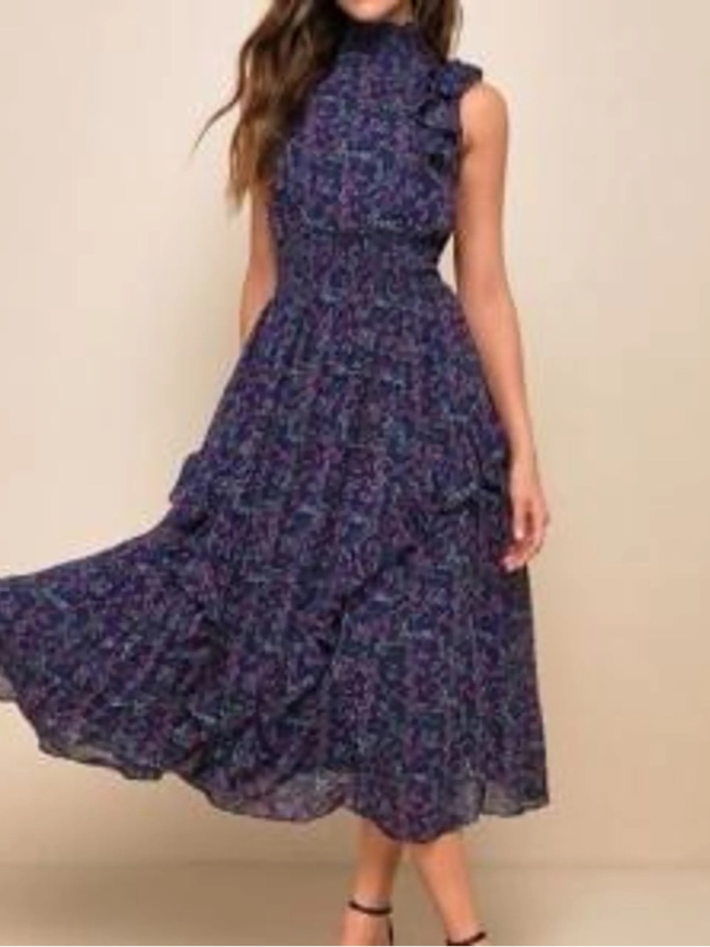 Lulus Evalina Navy Blue Floral Print Mock Neck Midi Dress - Picture 3 of 6